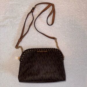 Michael Kors Jet Set Travel Logo Dome Crossbody Bag Brown Canvas Scalloped Edges